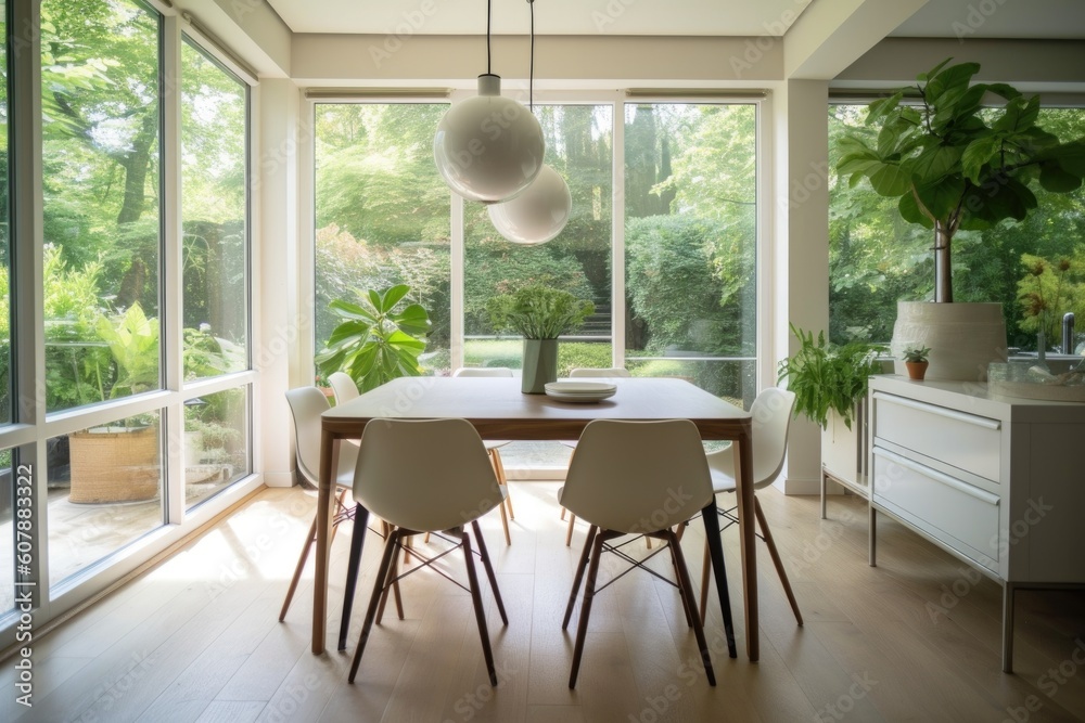 clutter-free dining room, with simple table and chairs, and view of garden or park, created with generative ai clutter-free dining room, with simple table and chairs, and view of garden or park, created with generative ai