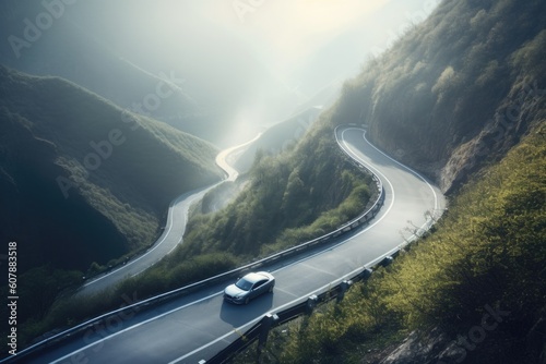 connected car  driving on winding mountain road  with view of scenic landscape in the background  created with generative ai