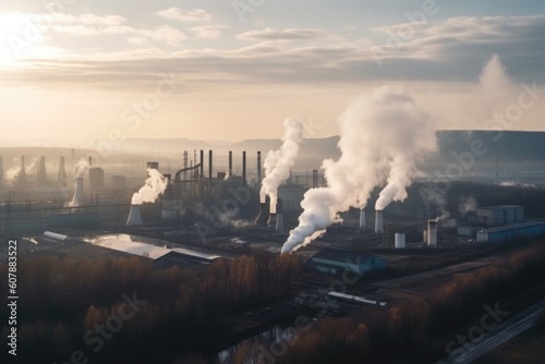 large industrial plant with smoke and haze from its chimneys, pollution of the air, created with generative ai