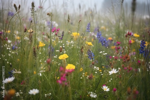 close-up of wildflowers blooming in misty meadow, created with generative ai © altitudevisual