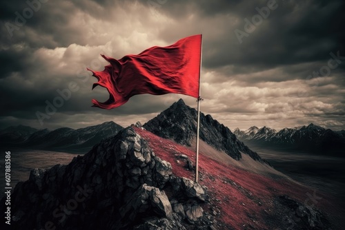 red flag fluttering in the wind on top of mountaintop, created with generative ai