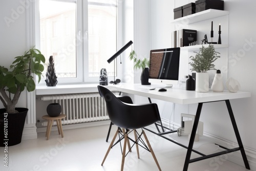 elegant and minimalistic home office, with sleek furniture and modern decor, created with generative ai