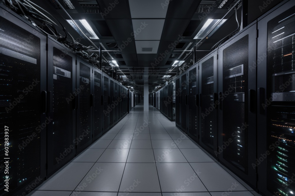 clean and well-lit server room, with racks of servers and high-tech equipment, created with generative ai clean and well-lit server room, with racks of servers and high-tech equipment, created with generative ai