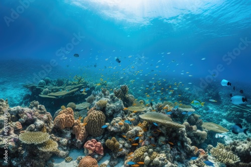 coral reef surrounded by schools of fish and other marine life, created with generative ai
