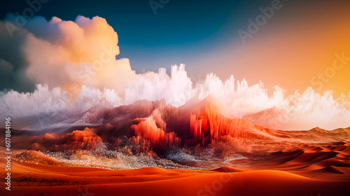 Paysage désertique rougeoyant avec nuages blanc - générative IA