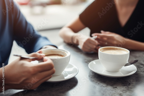 Friends talking at cafe table during coffee break, business meeting in coffee shop