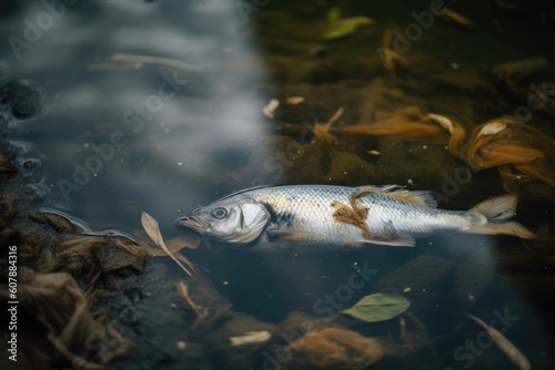 dead fish floating on the surface of a polluted river, created with generative ai