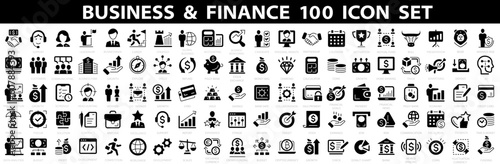 Business and Finance 100 icon set. Business people, human resources, office management, money, bank, contact, infographic and more. Vector illustration