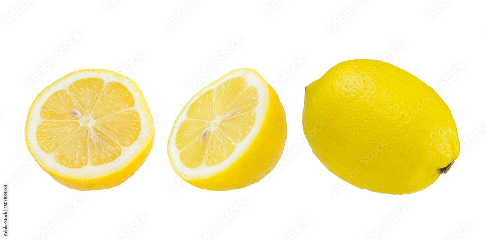 Whole and cut lemon isolated of transparent background. PNG.