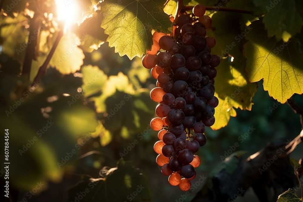 Fototapeta premium Grapes hanging from a vine on a sunny day