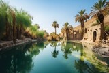 oasis surrounded by ruins of ancient civilization, with palm trees and clear water, created with generative ai