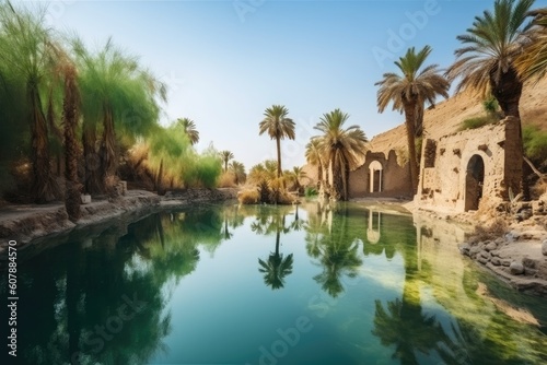 oasis surrounded by ruins of ancient civilization  with palm trees and clear water  created with generative ai