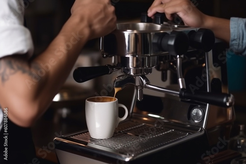 Barista making coffee latte art in coffee shop with coffee machine