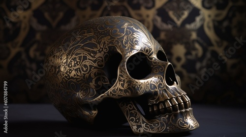Intricate Metallic Porcelain Skull: Ornamental Mandala Art in Cinematic Lighting, Created using Generative AI
