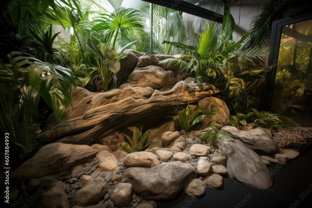 luxury reptile enclosure with heated basking rocks, waterfall and tropical plants, created with generative ai luxury reptile enclosure with heated basking rocks, waterfall and tropical plants, created with generative ai
