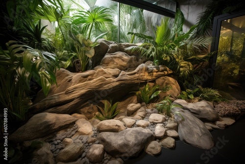 luxury reptile enclosure with heated basking rocks, waterfall and tropical plants, created with generative ai