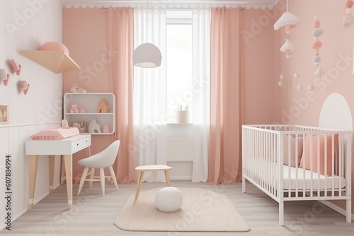 Modern minimalist nursery room, Baby room interior, Light colours, Scandinavian style