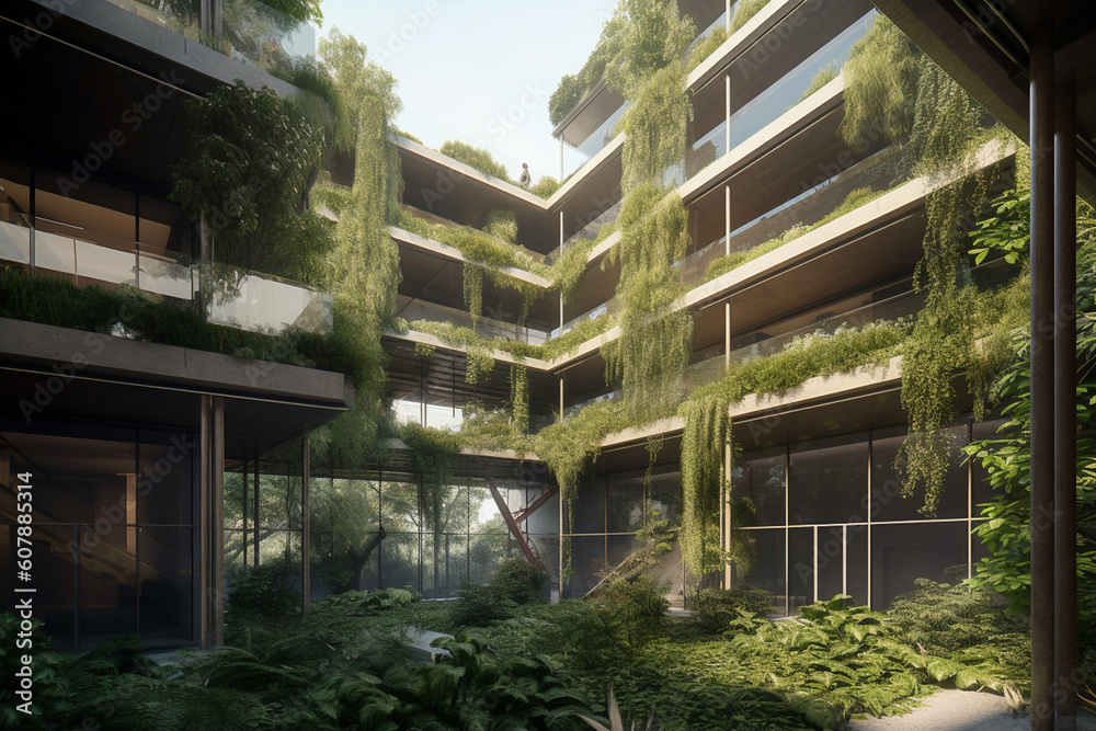 Biophilic architecture design with lush vegetation and greenery. Building providing connection to nature for its inhabitants. Reducing the carbon footprint and promoting sustainability