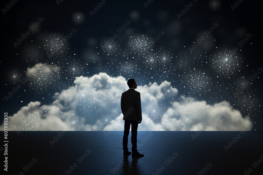 Business person stands in front of an abstract cloud infrastructure, visually representing the concept of modern cloud management and its impact on business operations and strategy Business person stands in front of an abstract cloud infrastructure, visually representing the concept of modern cloud management and its impact on business operations and strategy