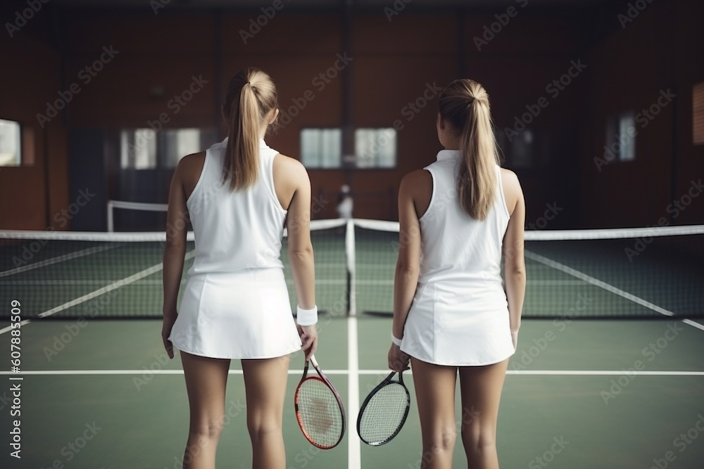 Two woman on tennis court before competition match