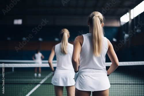Two woman on tennis court before competition match