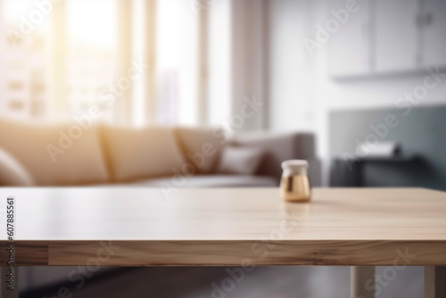 Wooden kitchen table platform in apartment for product or food display, blurred background