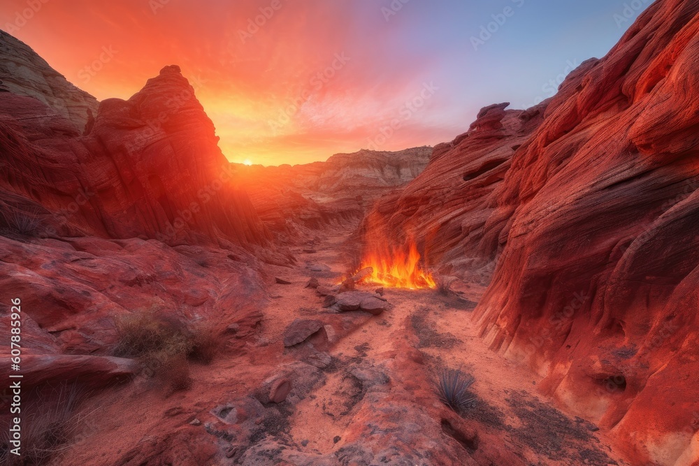 Fototapeta premium ethereal sunrise, illuminating fiery canyon landscape, created with generative ai