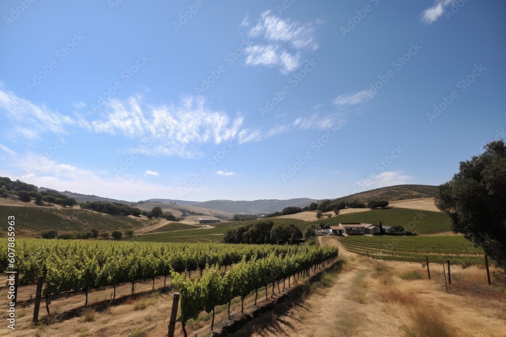 vineyard with rolling hills and cloudless sky, a perfect backdrop for wine tasting, created with generative ai