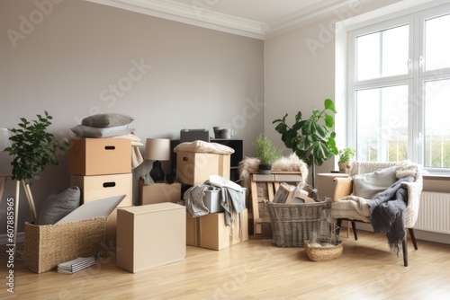 declutter room by moving items to box, bag or other container, created with generative ai © altitudevisual