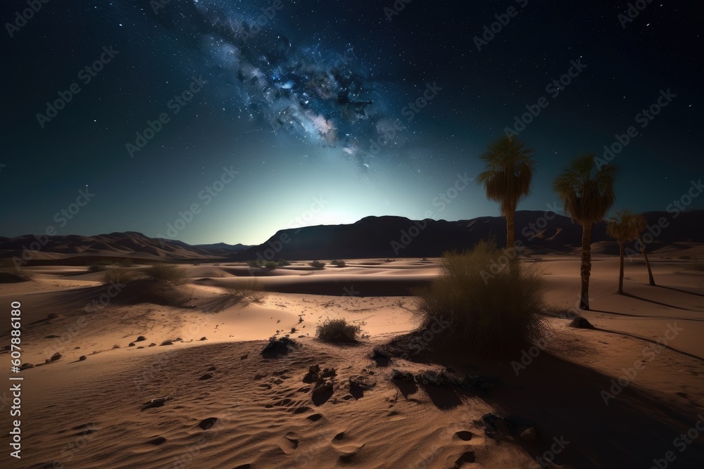 nighttime desert scene, with a full moon and starry sky above the oasis, created with generative ai nighttime desert scene, with a full moon and starry sky above the oasis, created with generative ai