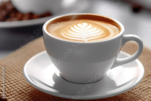 Beautifully presented cup of hot espresso or cappuccino coffee with fascinating latte art served in white cup with blurred background. AI Generated
