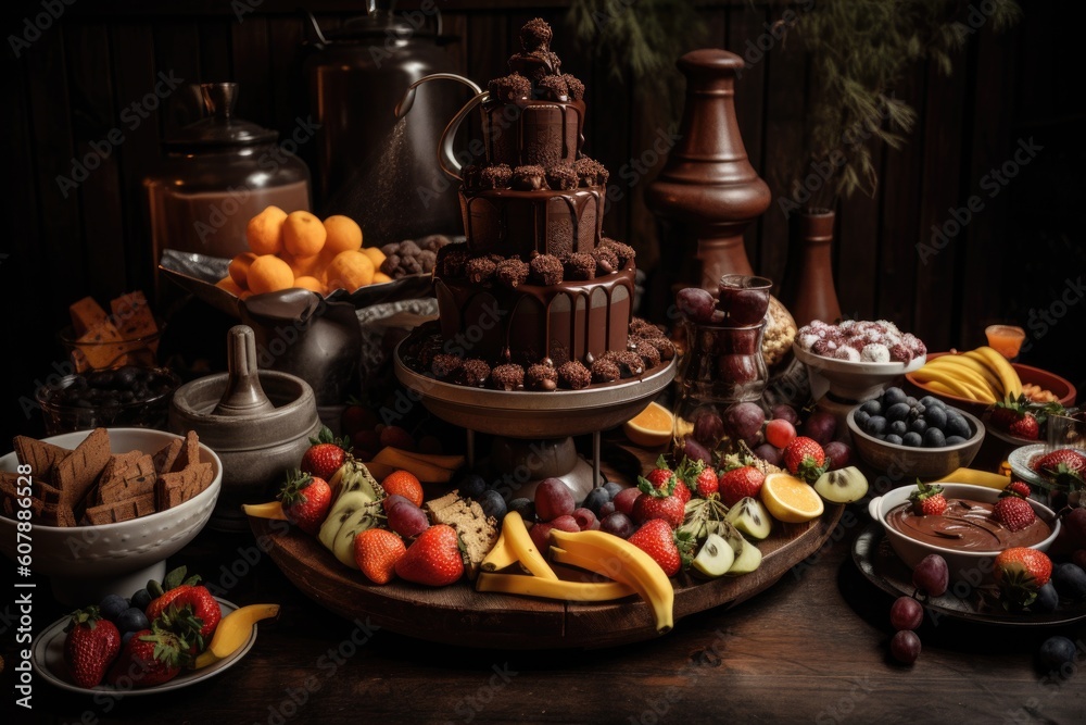 chocolate fountain surrounded by plates of fruit, cookies, and pastries for a decadent dessert, created with generative ai