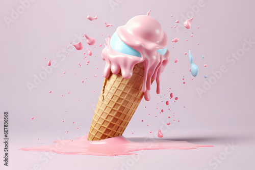 Close-up of melting pink ice cream in a waffle cone, isolated on a light background with copy space. Creative concept for summer cold desserts. Generative AI 3d render illustration imitation.