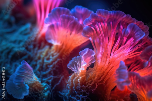 Fungus mycelium network texture in neon colors © dvoevnore