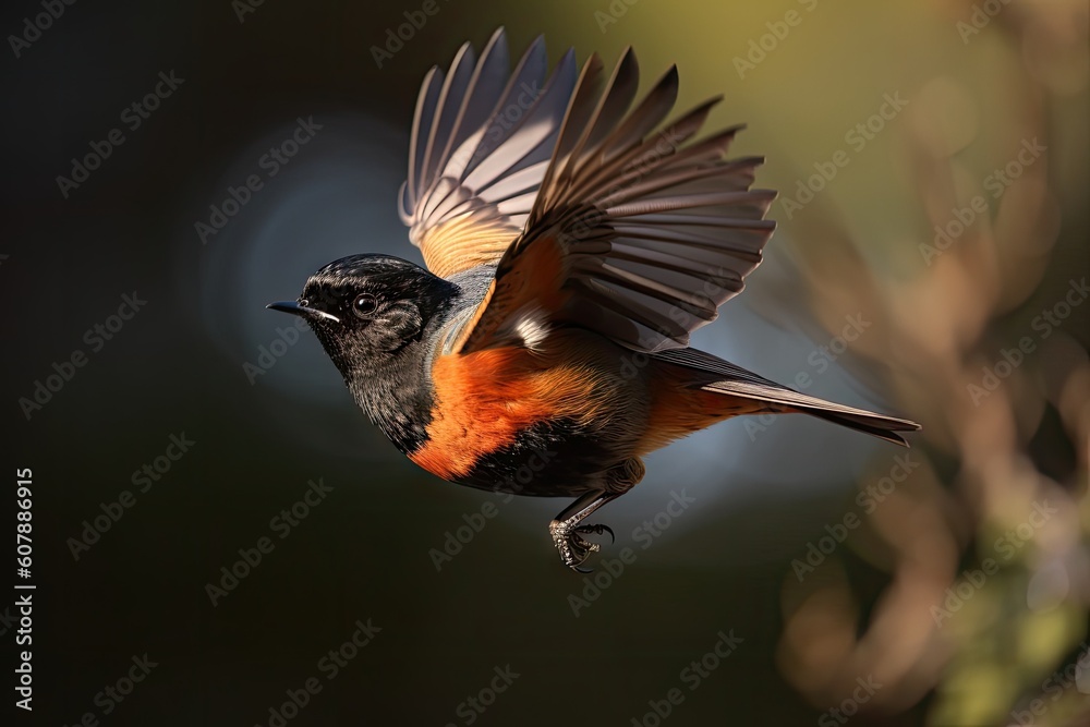 Naklejka premium male redstart in flight, with its dramatic coloring on full display, created with generative ai