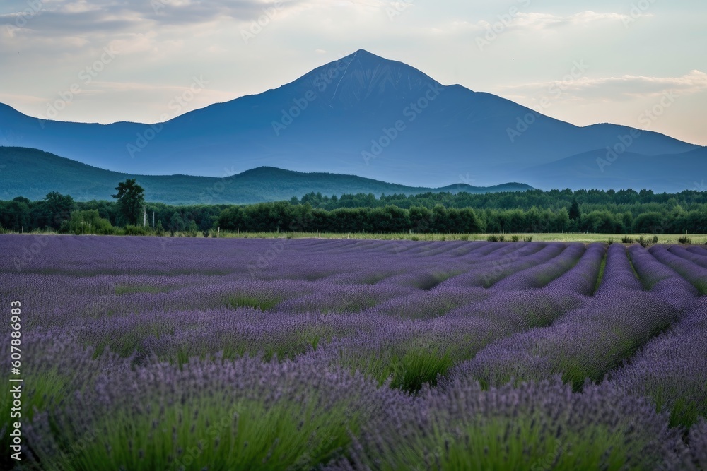 lavender field with mountain range in the background, created with generative ai lavender field with mountain range in the background, created with generative ai