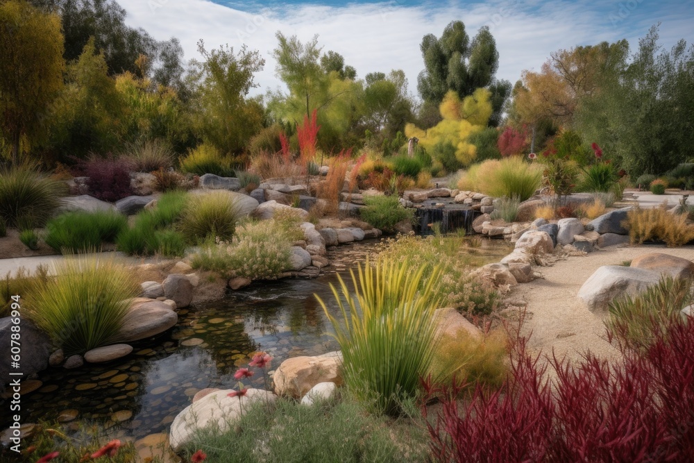 vibrant garden of drought-tolerant and native plants, with a waterfall and pond, created with generative ai vibrant garden of drought-tolerant and native plants, with a waterfall and pond, created with generative ai