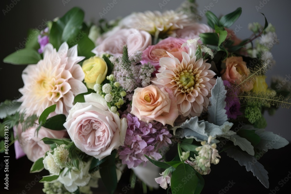 pastel bouquet with layers of blooms and greenery, created with generative ai