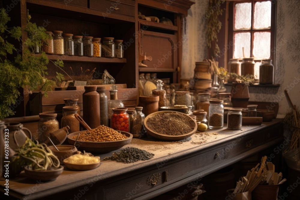 a kitchen with a variety of herbs and spices for cooking, created with generative ai