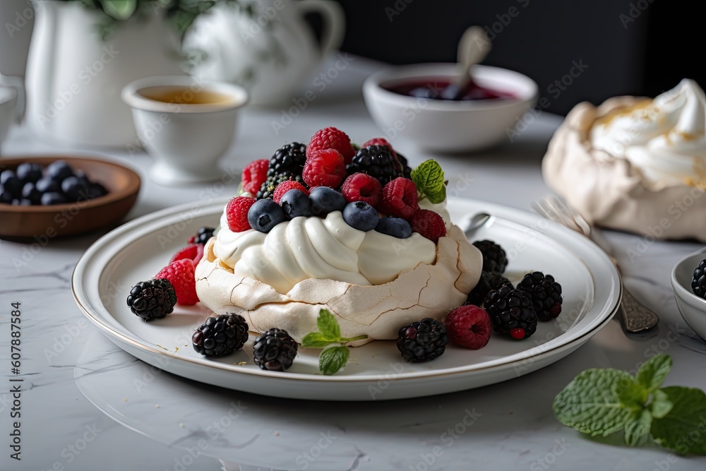 meringue nest filled with berries and cream, created with generative ai meringue nest filled with berries and cream, created with generative ai