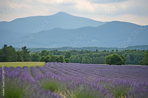 lavender field with view of rolling hills and mountains in the background, created with generative ai