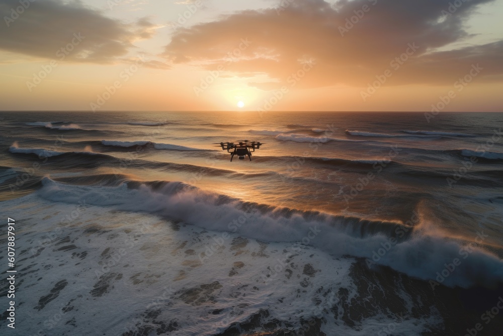 drone capturing sunset over the ocean, with waves rolling onshore, created with generative ai