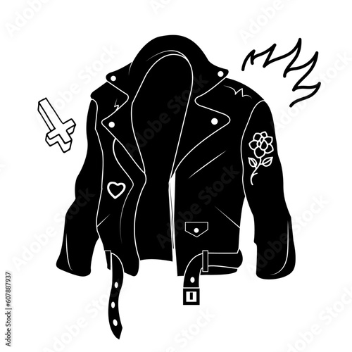 Edgy Leather Biker Jacket with Tattoo Elements - Trendy Vector Illustration