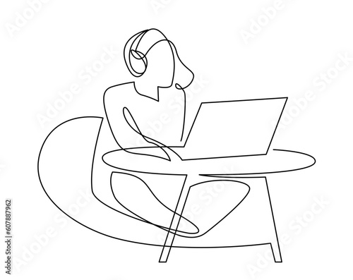 Woman on headphones working remotely at her laptop continuous one line vector drawing. Girl in a sack chair with notebook on a table hand drawn illustration. Studying at home, remote job, freelance