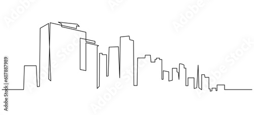 Modern cityscape continuous one line vector drawing. Metropolis architecture panoramic landscape. Seoul skyscrapers hand drawn silhouette. Apartment buildings isolated minimalistic illustration