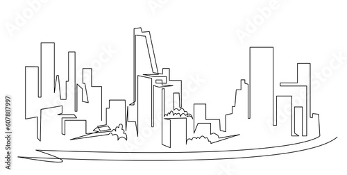 Modern cityscape continuous one line vector drawing. Metropolis architecture panoramic landscape. Seoul skyscrapers hand drawn silhouette. Apartment buildings isolated minimalistic illustration