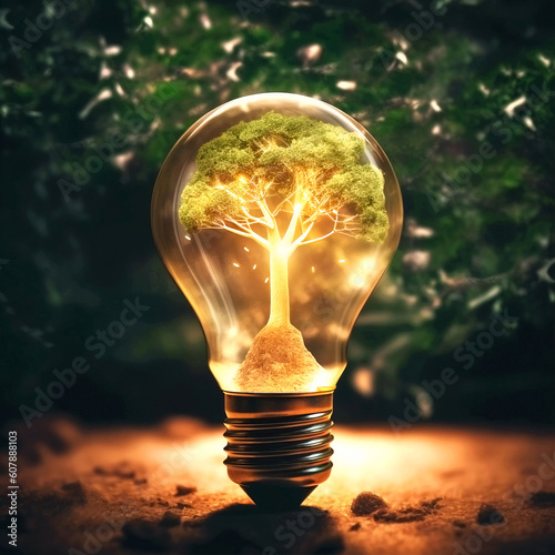 Green Energy - An electric light bulb containing a green tree, content created using generative artificial intelligence tools.