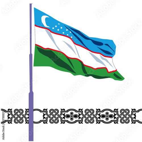 flag of uzbekistan on a flagstaff in the wind with ornamental uzbek pattern