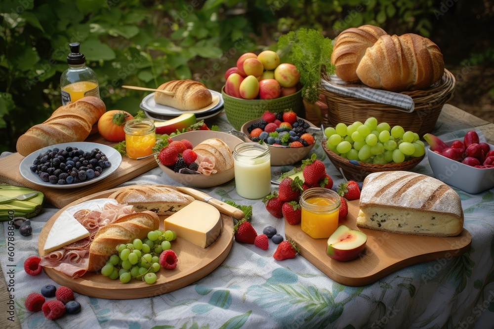 picnic setup with heaping plates of sandwiches, fruits, and cheeses, created with generative ai picnic setup with heaping plates of sandwiches, fruits, and cheeses, created with generative ai