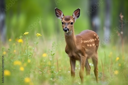 baby deer in meadow, with delicate legs and soft fur, created with generative ai